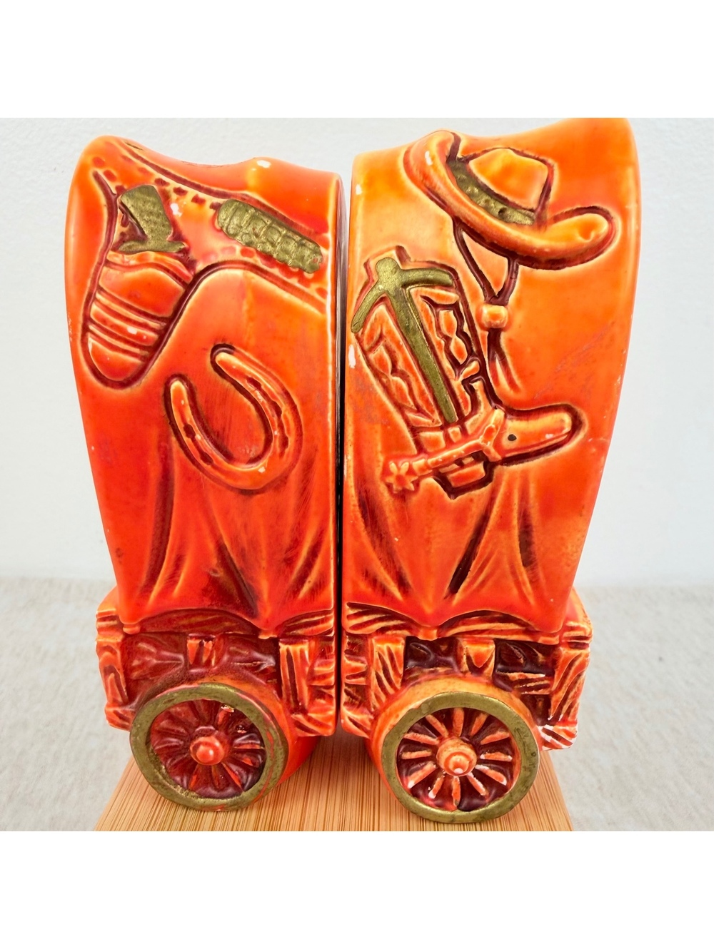 Vintage Japan Cowboy Wagon Salt Pepper Shakers Orange Western MCM Ceramic
